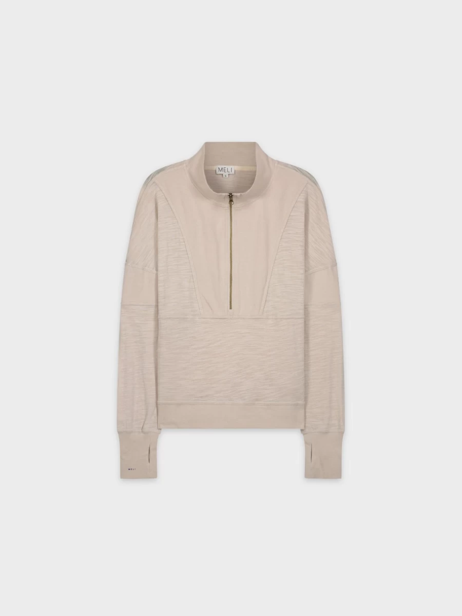 MELI Women's Mixed Knit Half Zip Pullover in Tan - Casual Chic Layering Top