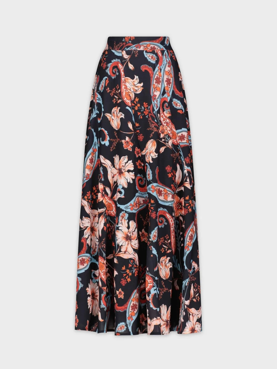 SOLEI Women's Black Floral Satin Skirt - Elegant Full Length Skirt for Women