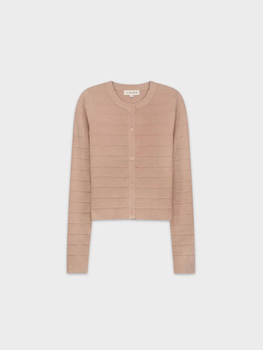 VAARA Women's Ribbed Cropped Cardigan in Tan - Stylish Knit Sweater