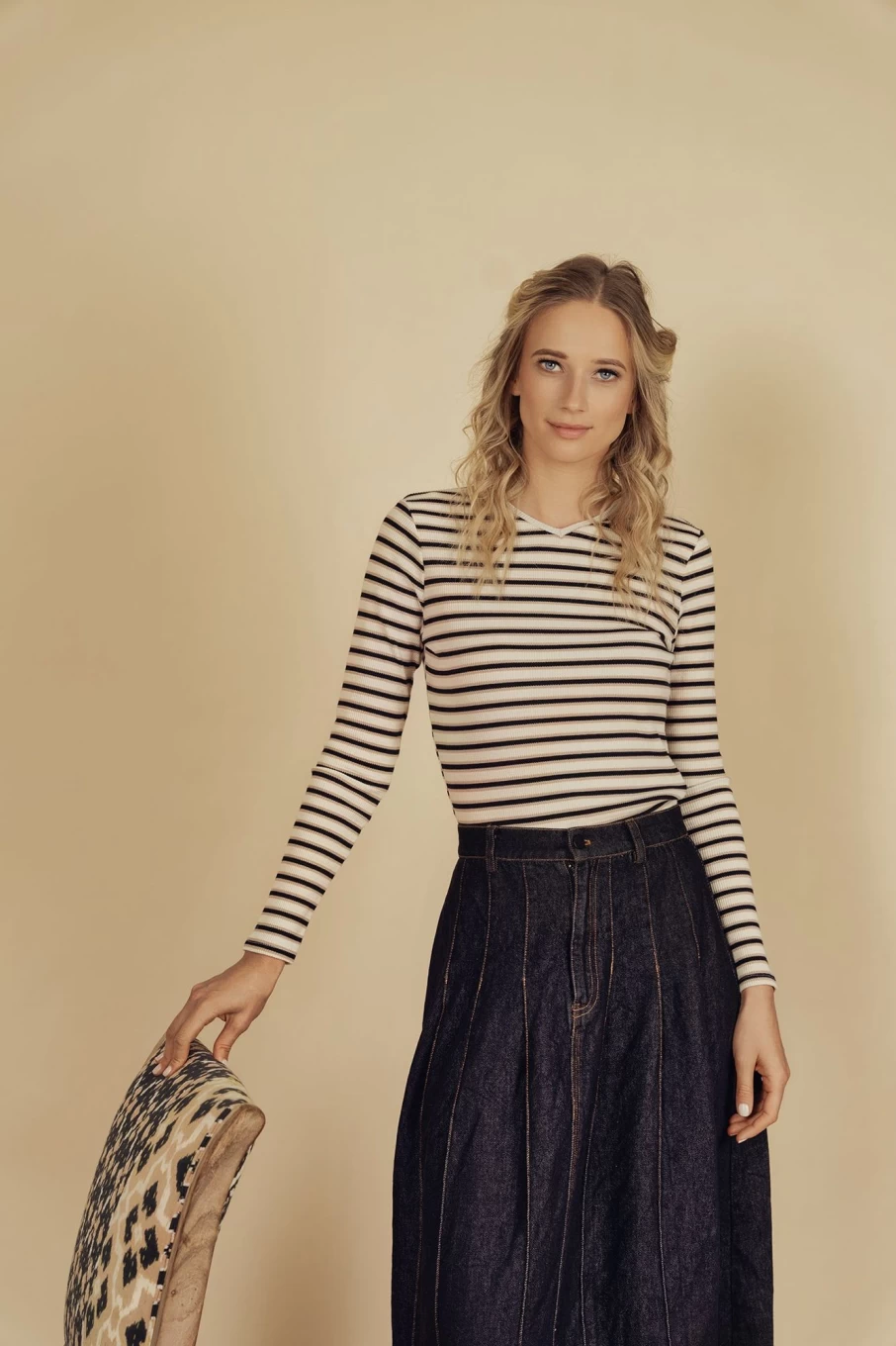 MELI Women's Waffle Striped High V-Neck Sweater in Tan, Black, and Cream Colors