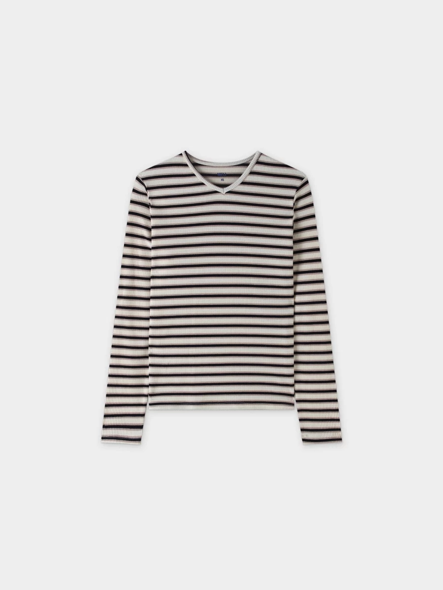 MELI Women's Waffle Striped High V-Neck Sweater in Tan, Black, and Cream Colors