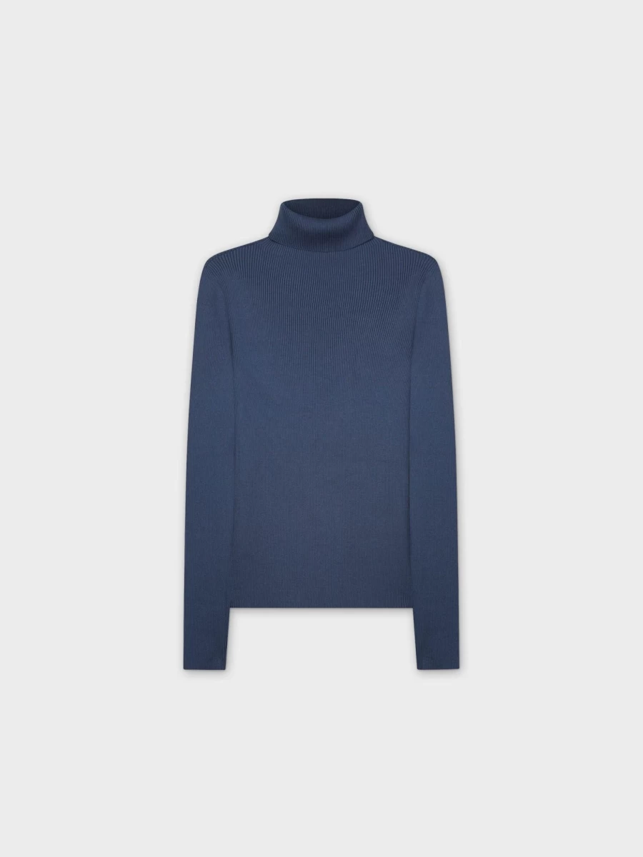 MELI Women's Blue Knit Ribbed Turtleneck Sweater - Soft Stretch Comfort Fit Long Sleeve Top
