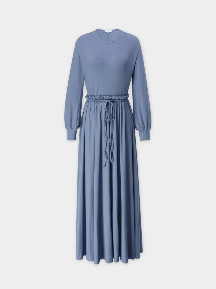 "Hailey Women's Denim Blue Ribbed Drawstring Dress - Stylish & Comfortable"