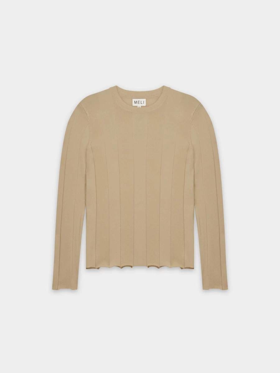 MELI Women's Wide Ribbed Knit Sweater in Tan - Soft Casual Pullover