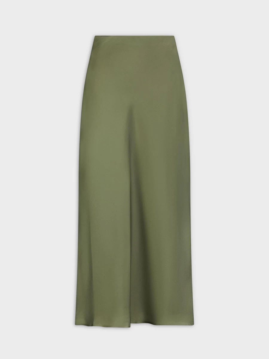 "HAILEY Women's Olive Green Satin Slip Skirt - Elegant Midi Skirt for Women"