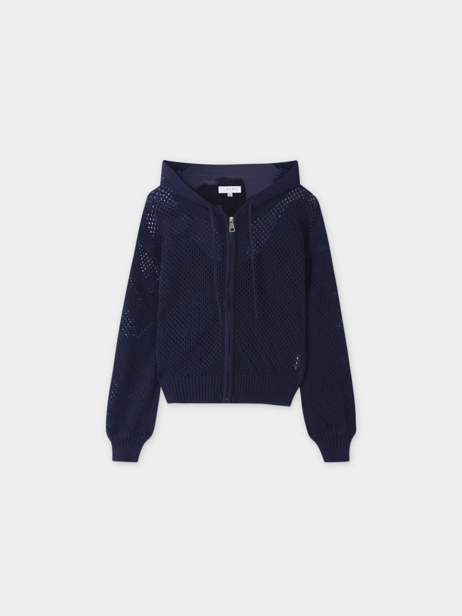 VAARA Women's Navy Zip-Up Crochet Hoodie - Stylish Handmade Knit Sweatshirt