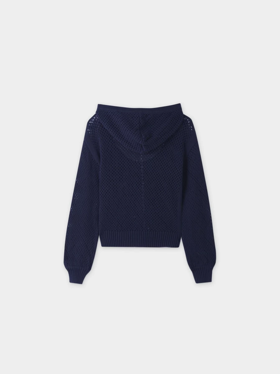 VAARA Women's Navy Zip-Up Crochet Hoodie - Stylish Handmade Knit Sweatshirt