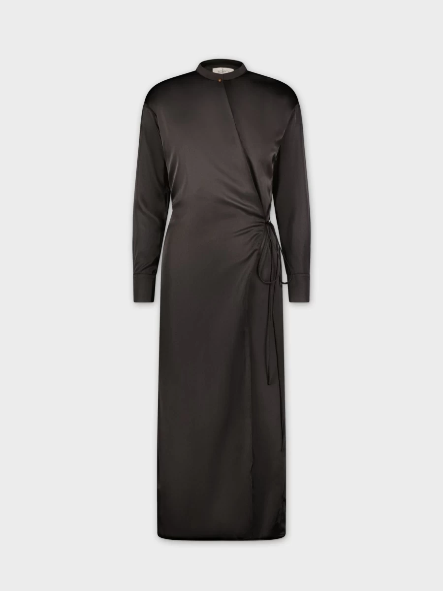 SOLEI Women's Black Satin Wrap Dress - Elegant & Comfortable Wrap Around Style