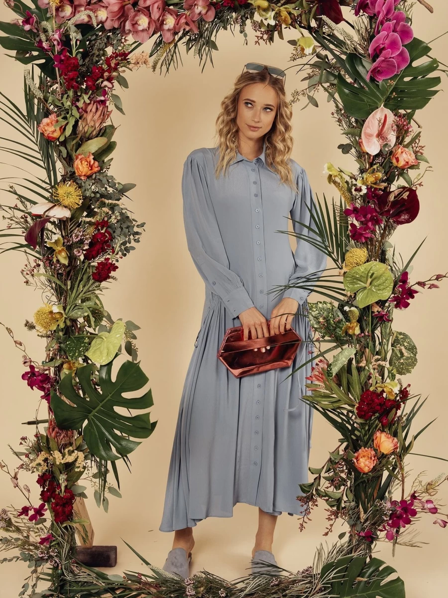 STELLA & ROSE Women's Blue Shirred Dress with Pockets - Elegant Casual Pocket Dress
