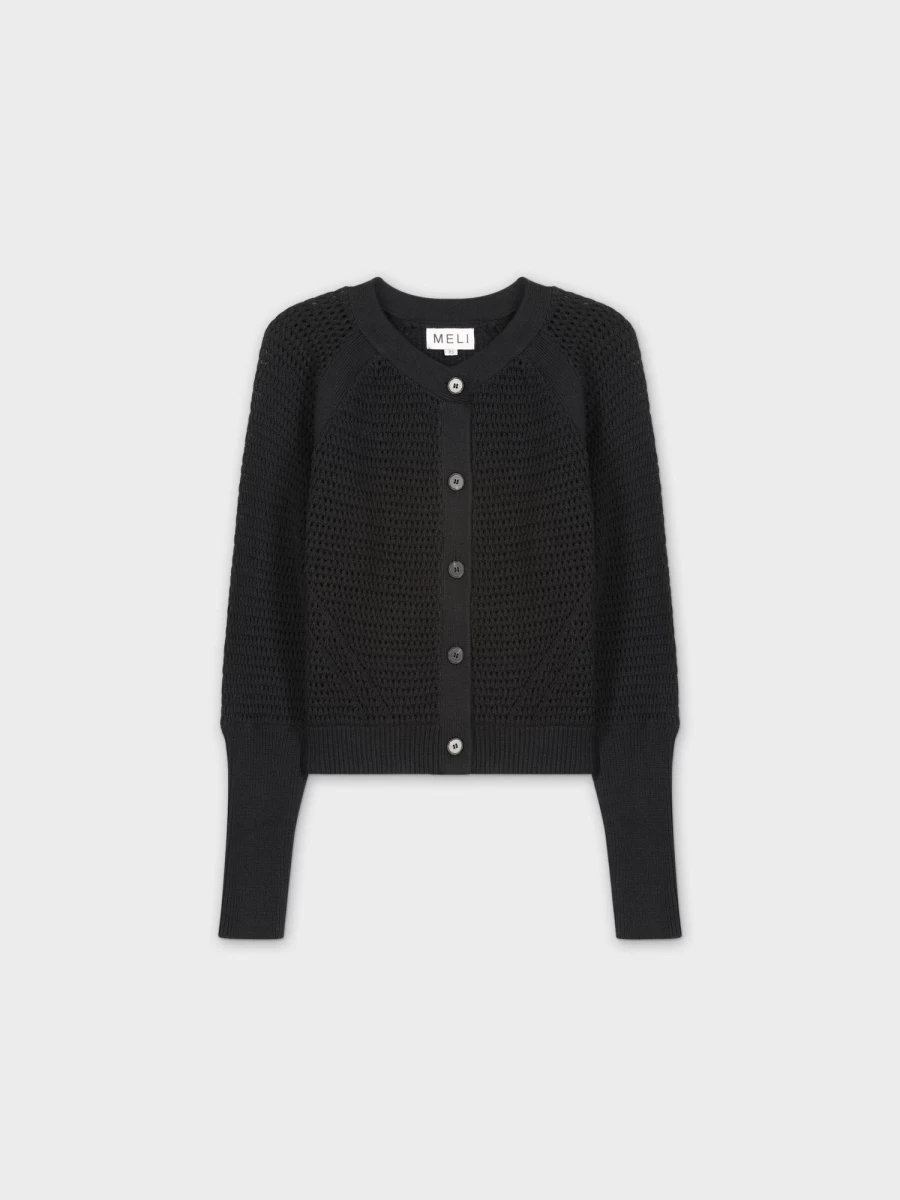 MELI Women's Black Crochet Crew Cardigan - Handmade Knit Sweater