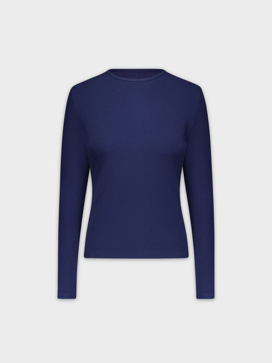MELI Women's Classic Ribbed Long Sleeve Crew Neck Tee in Navy