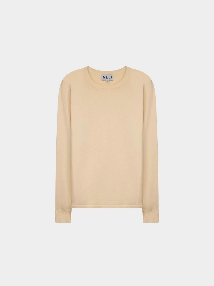 MELI Women's Lightweight Knit Crewneck Sweater in Cream - Soft Thin Pullover Top