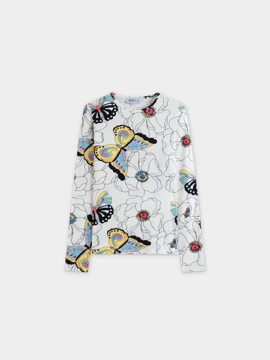 MELI Women's Printed Crew Neck T-Shirt with Butterfly Design