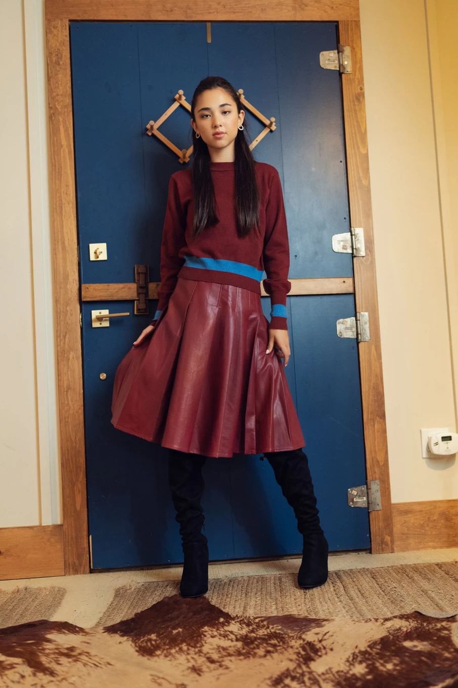 "WOMEN'S MELI Single Stripe Sweater - Maroon & Blue Striped Knit Pullover"