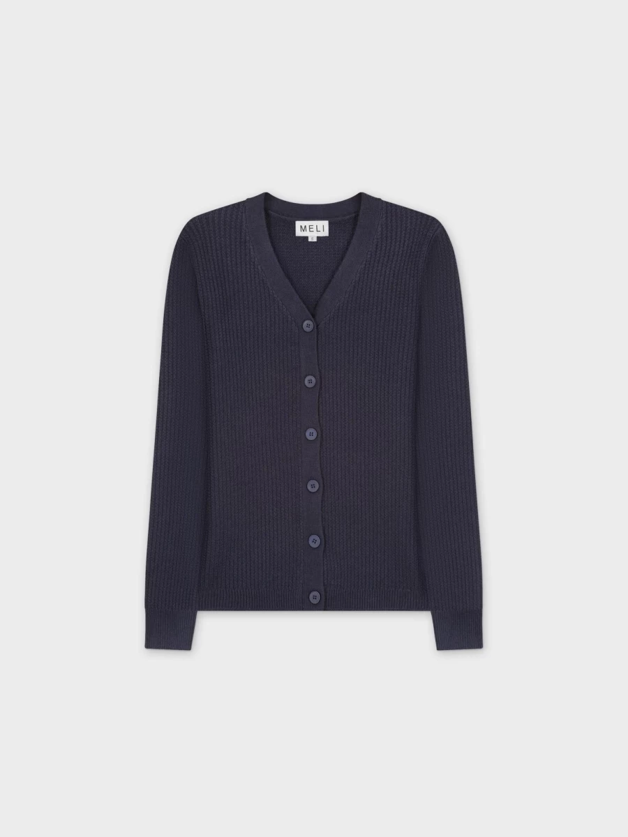 MELI Women's Navy Waffle Knit Classic Cardigan - Cozy Long Sleeve Open Front Sweater