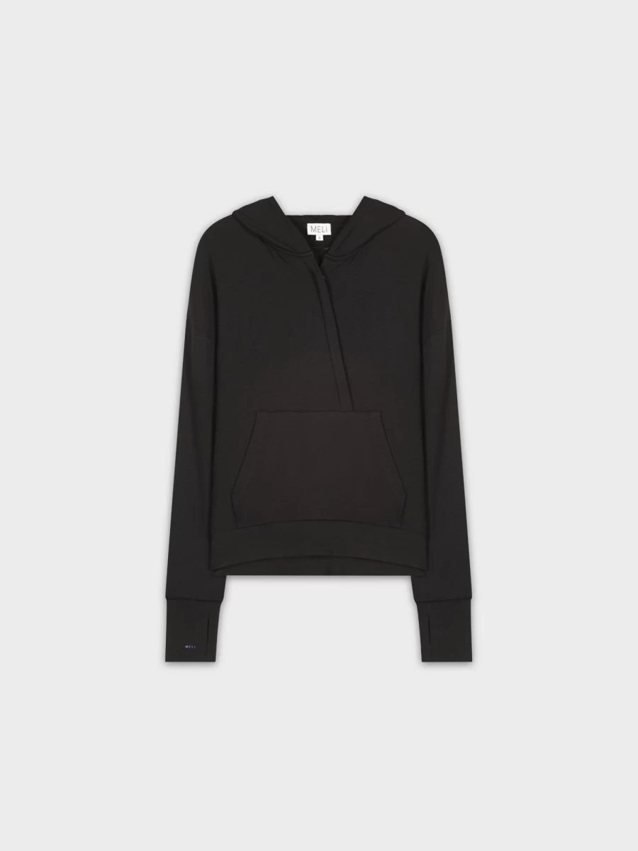 MELI Women's Crossover Hoodie - Black Stylish Pullover Sweatshirt