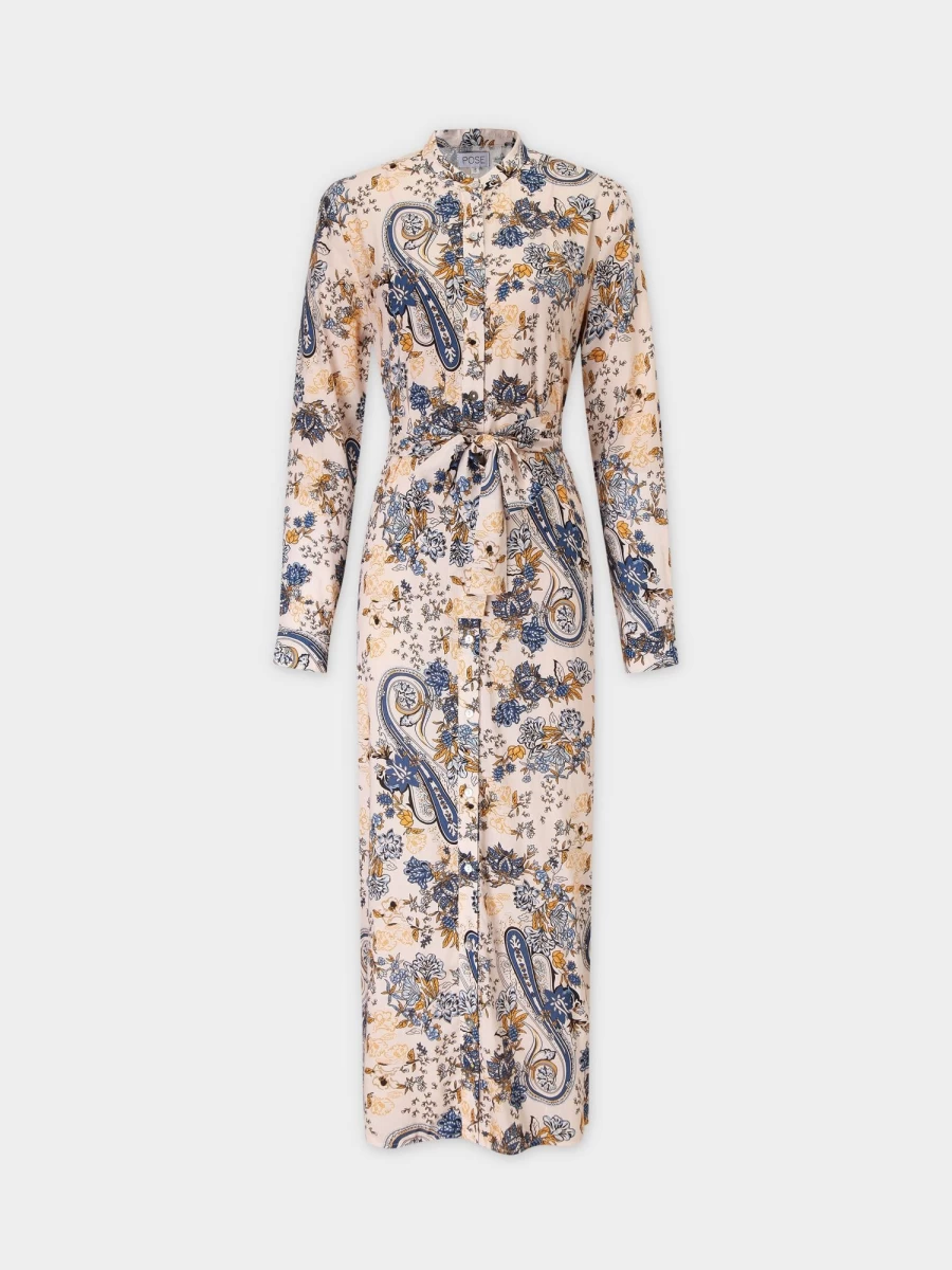 Pose Women's Vintage Paisley Print Long Shirtdress - Boho Chic Flowy Button Down Dress