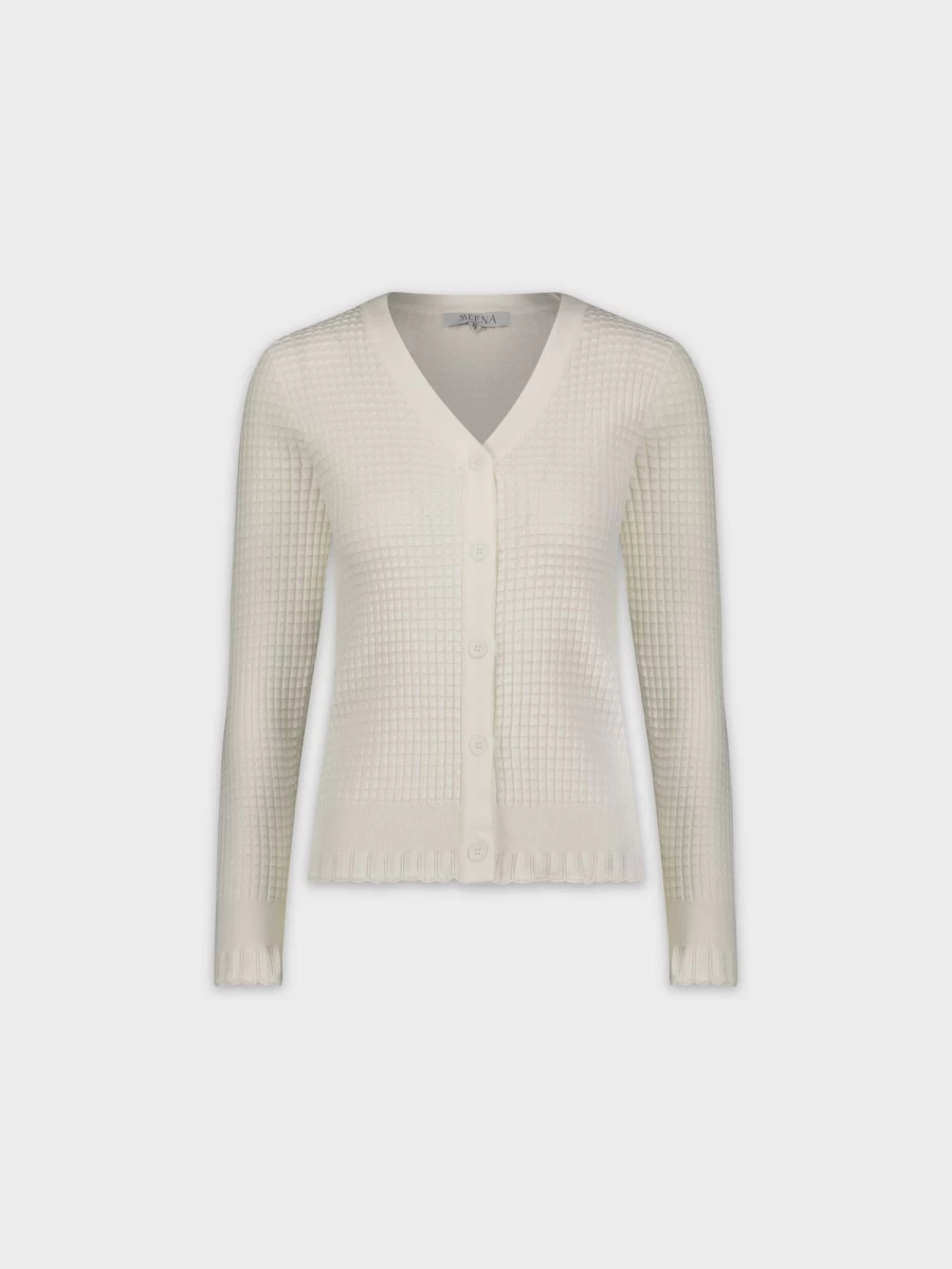 MEENA Women's White Ruffle Hem Cardigan - Elegant Knit Sweater for Women