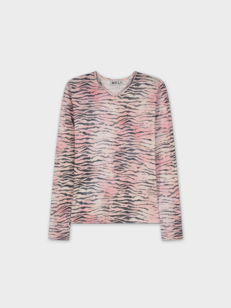 MELI Women's Printed High V-Neck Pink Zebra Pattern Top