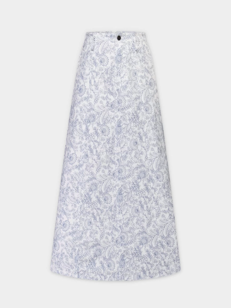 Blue Meli Women's Floral Printed Denim Skirt - Blue Vintage Washed High Waist A-Line Mini Skirt