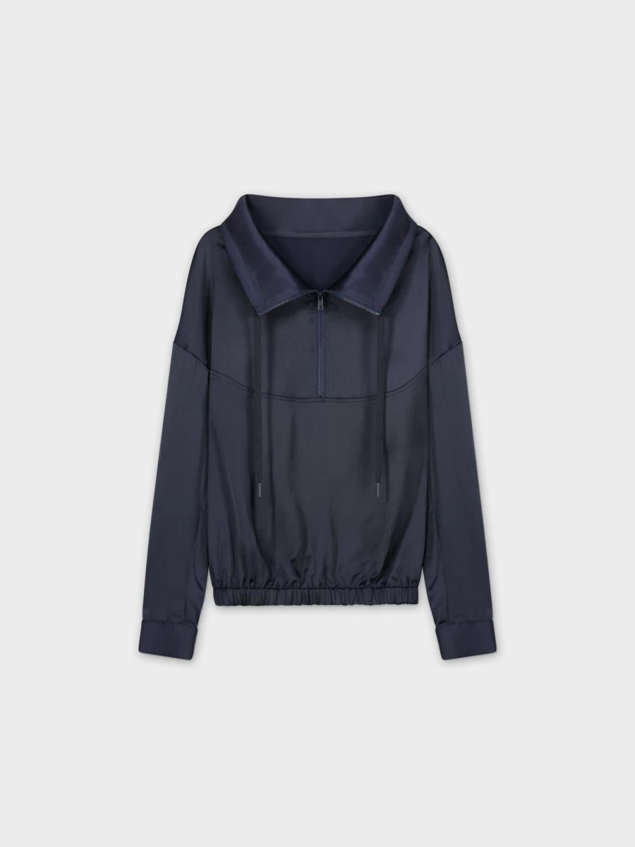 VAARA Women's Navy Satin Half Zip Top - Elegant Casual Shirt for Women