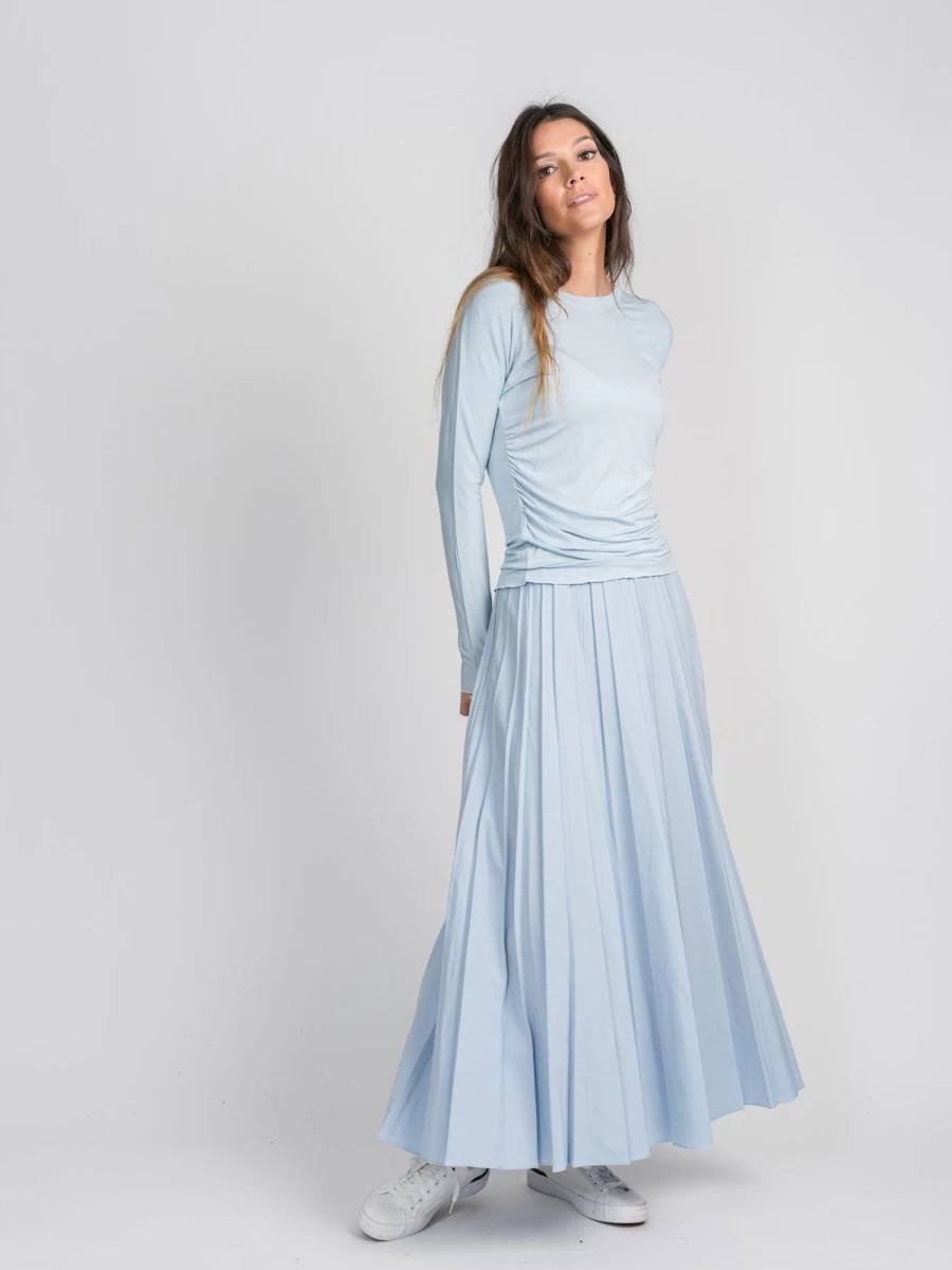 MELI Women's Light Blue Pleated Skirt 37" - Elegant Mid-Length A-Line Style