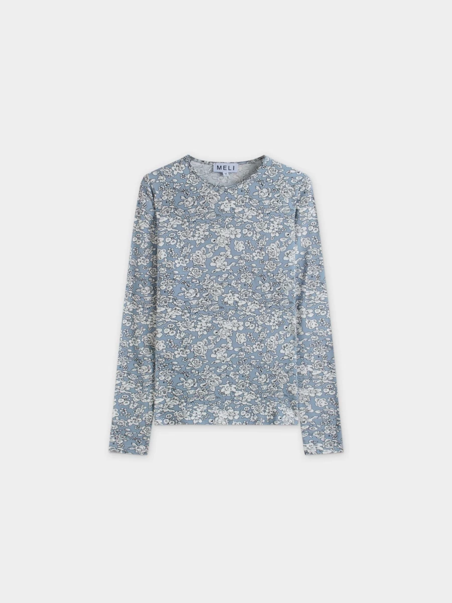 MELI Women's Floral Printed Crewneck T-Shirt - Blue Floral Design