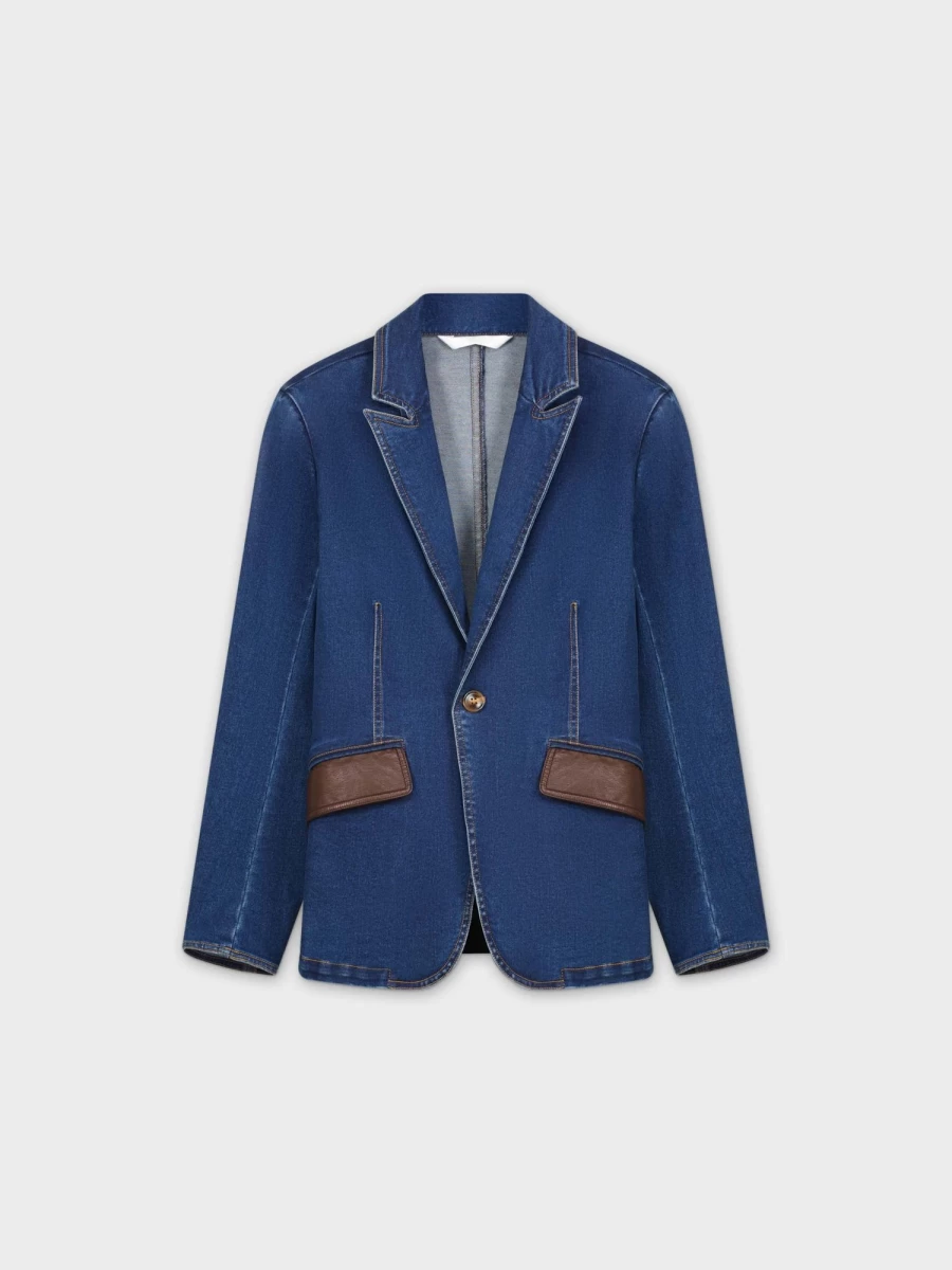 "HAILEY Women's Blue Denim Blazer with Leather Pockets - Stylish Casual Jacket"