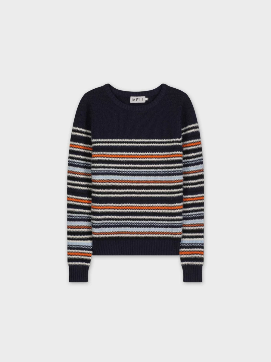 MELI Women's Blue Textured Stripe Knit Sweater - Soft Casual Pullover