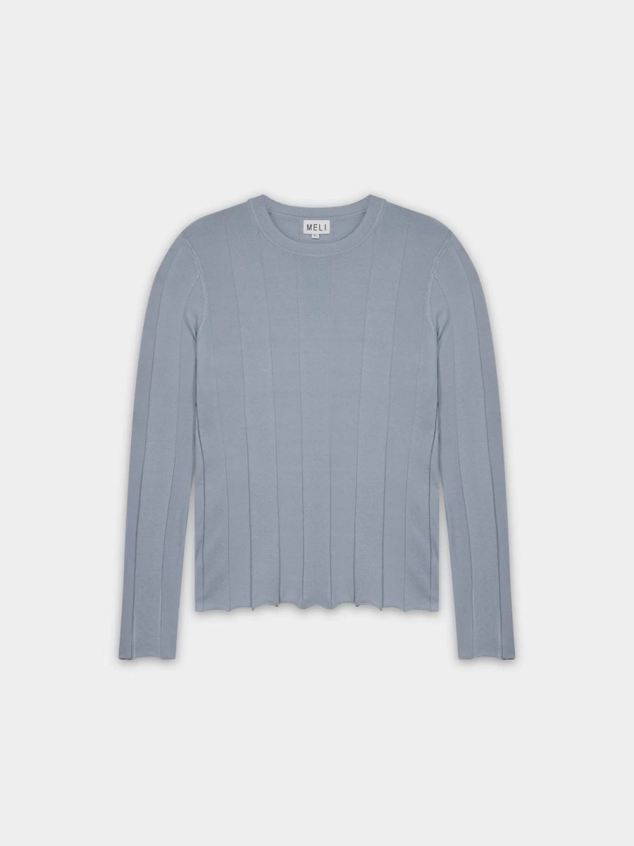 MELI Women's Steel Blue Wide Ribbed Sweater - Soft Knit Pullover Top