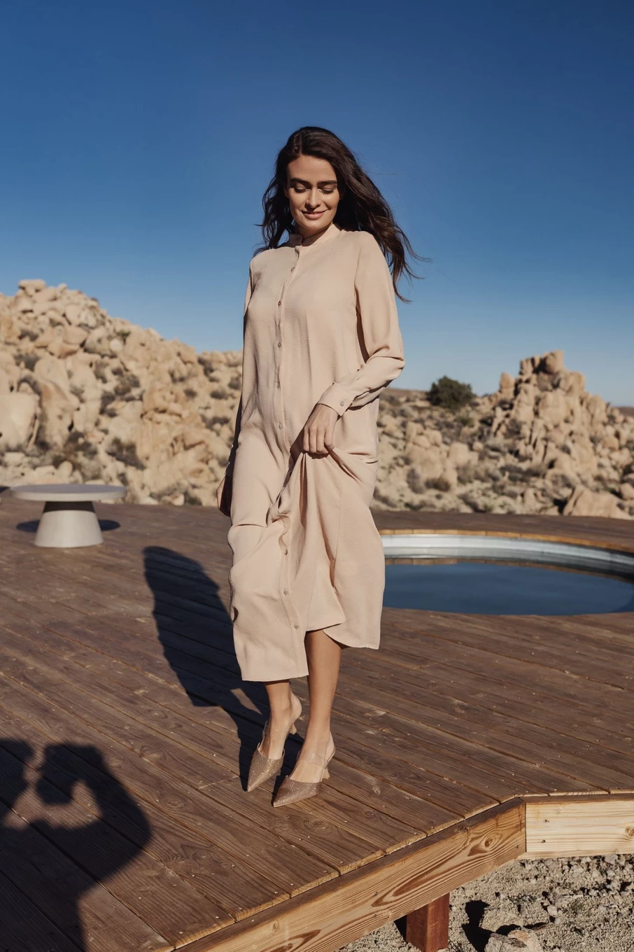 POSE Women's Long Tan Shirtdress - Elegant Casual Button-Down Dress
