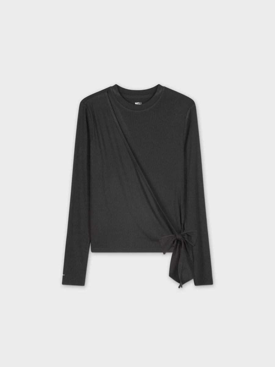 MELI Women's Ribbed Wrap Tee - Black Stretchable Casual Top