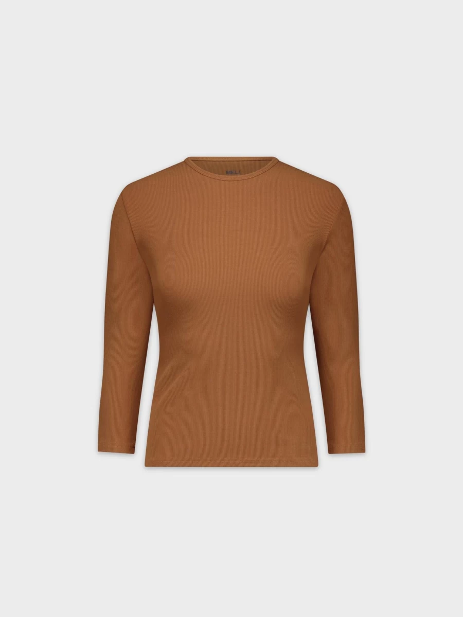 MELI Women's Classic Ribbed Crew Neck T-Shirt in 3Q Brown | Soft Cotton Casual Tee