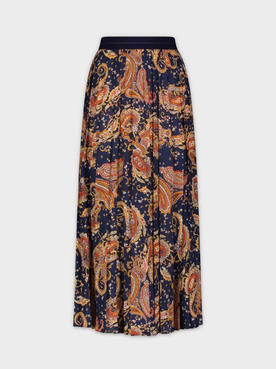 POSE Women's Navy Paisley Printed Pleated Midi Skirt - 35" Flowy Boho Style