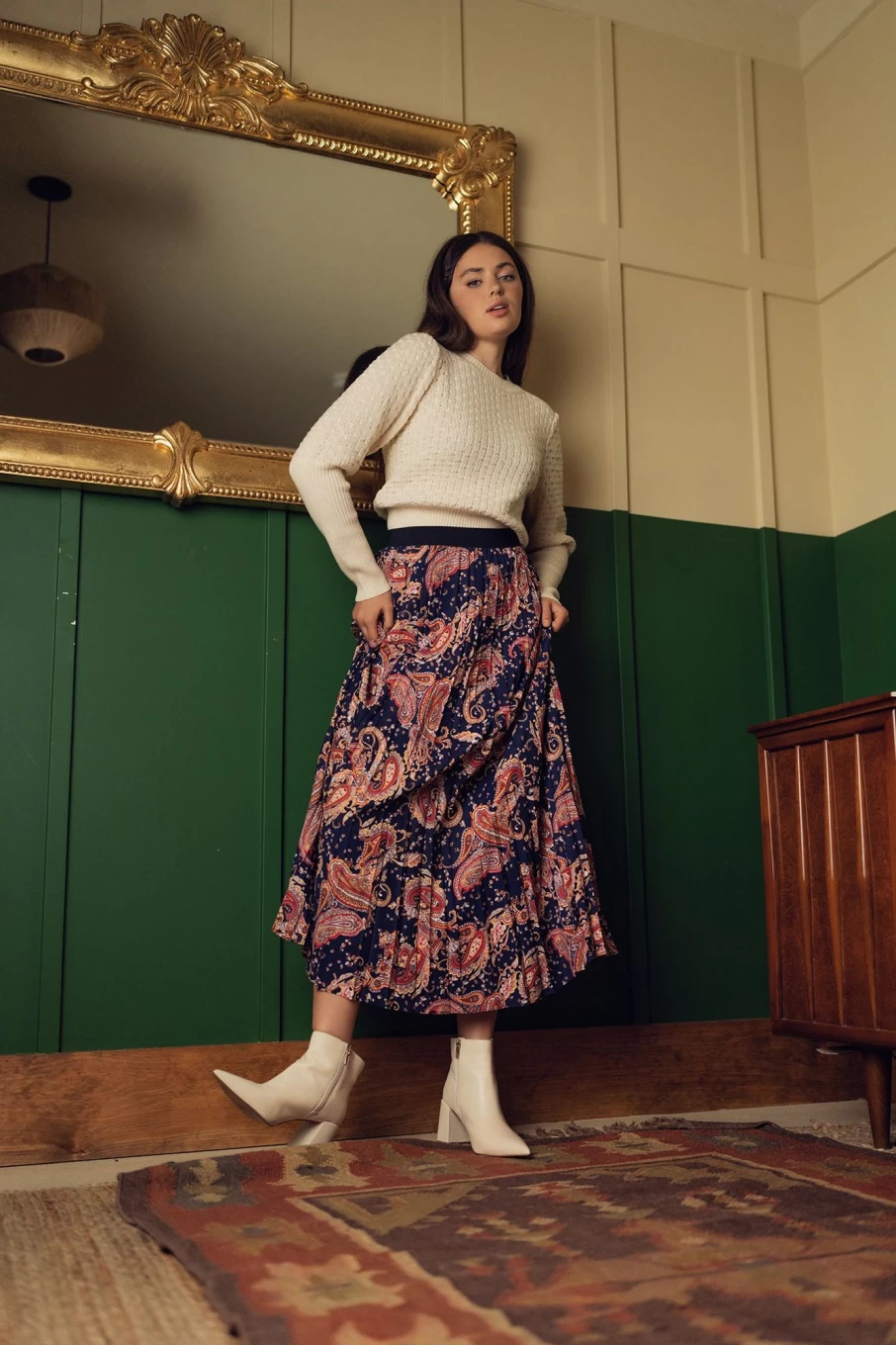 POSE Women's Navy Paisley Printed Pleated Midi Skirt - 35" Flowy Boho Style
