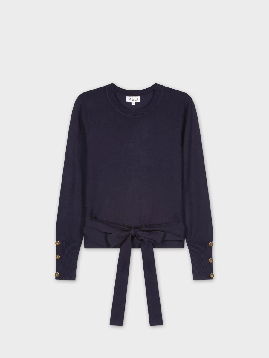 MELI Women's Navy Wrap Front Tie Detail Sweater - Soft Knit Long Sleeve Top