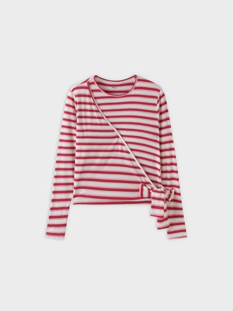 MELI Women's Striped Wrap Tee - Berry Pink & White Casual T-Shirt