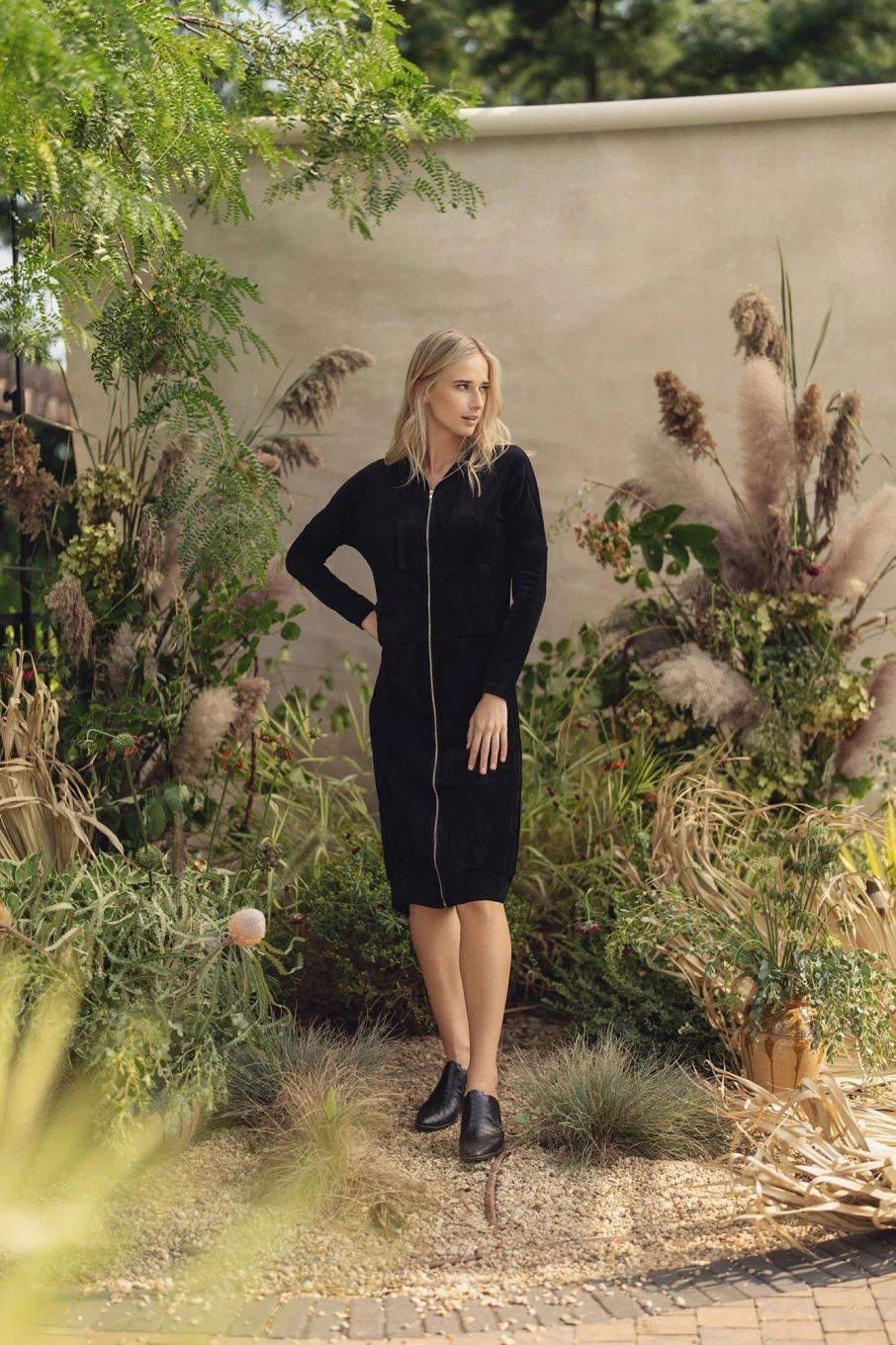 MELI Women's Velour Hoodie Dress - Long Sleeve Black Lounge Dress 40" Length