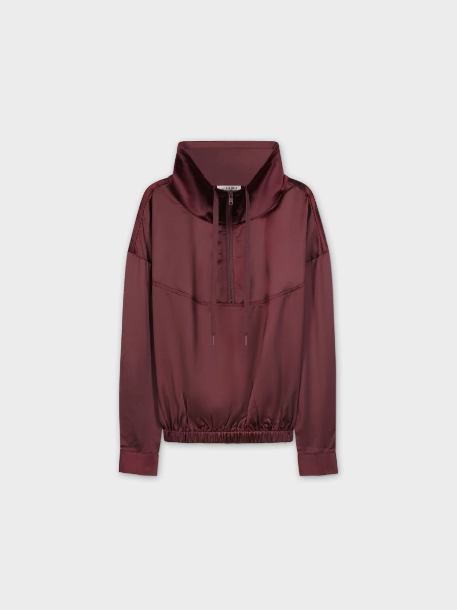 VAARA Women's Wine Red Satin Half Zip Pullover Top