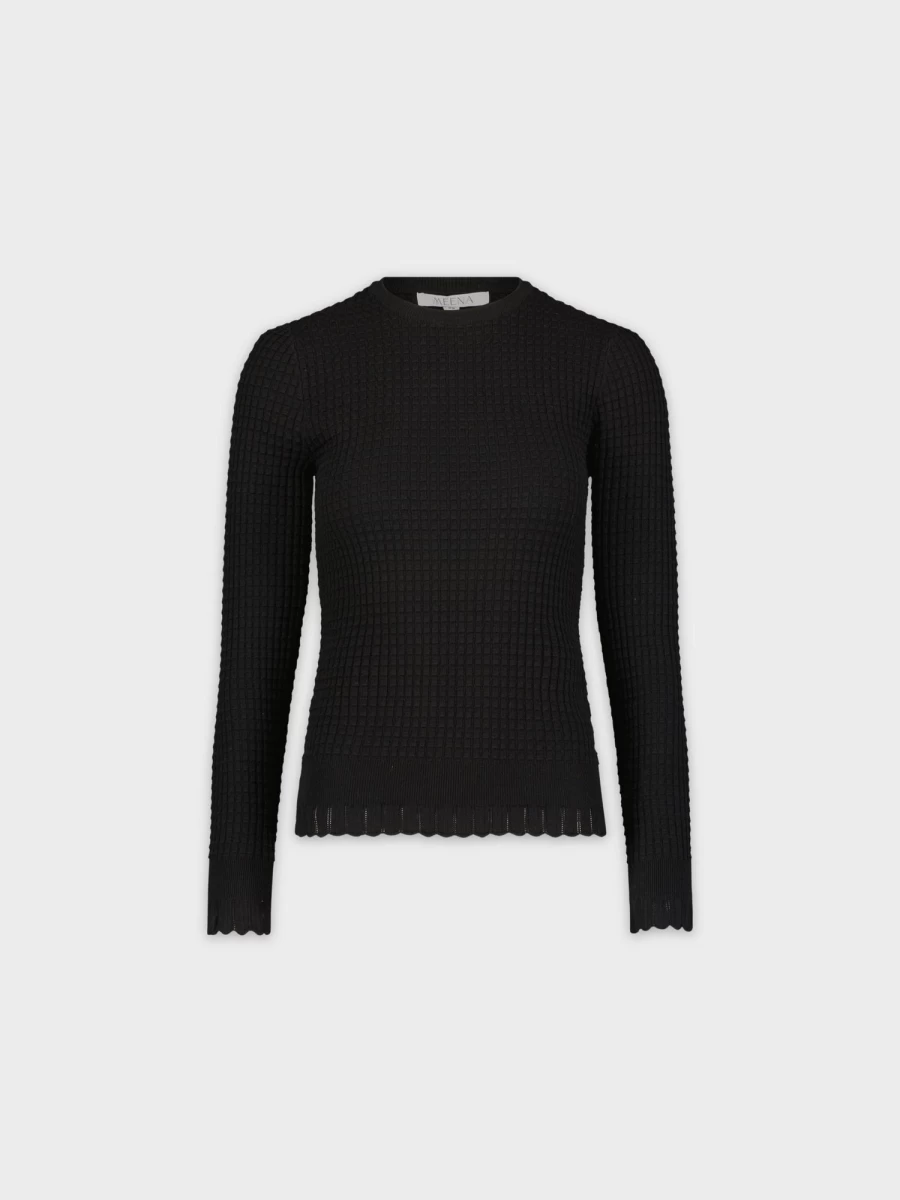 MEENA Women's Black Ruffle Hem Crewneck T-Shirt - Stylish Casual Top