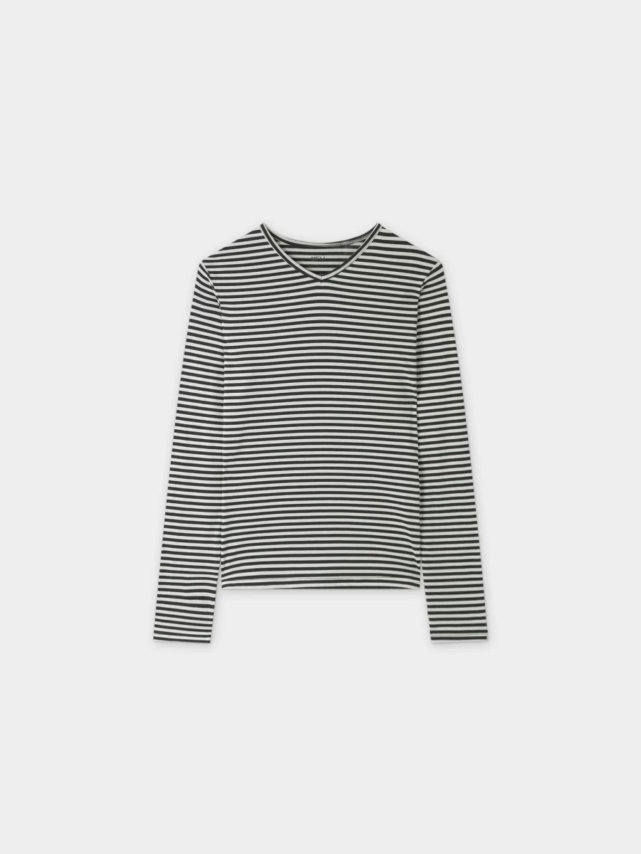 MELI Women's Thin Stripe High V-Neck T-Shirt in Cream and Olive Colors