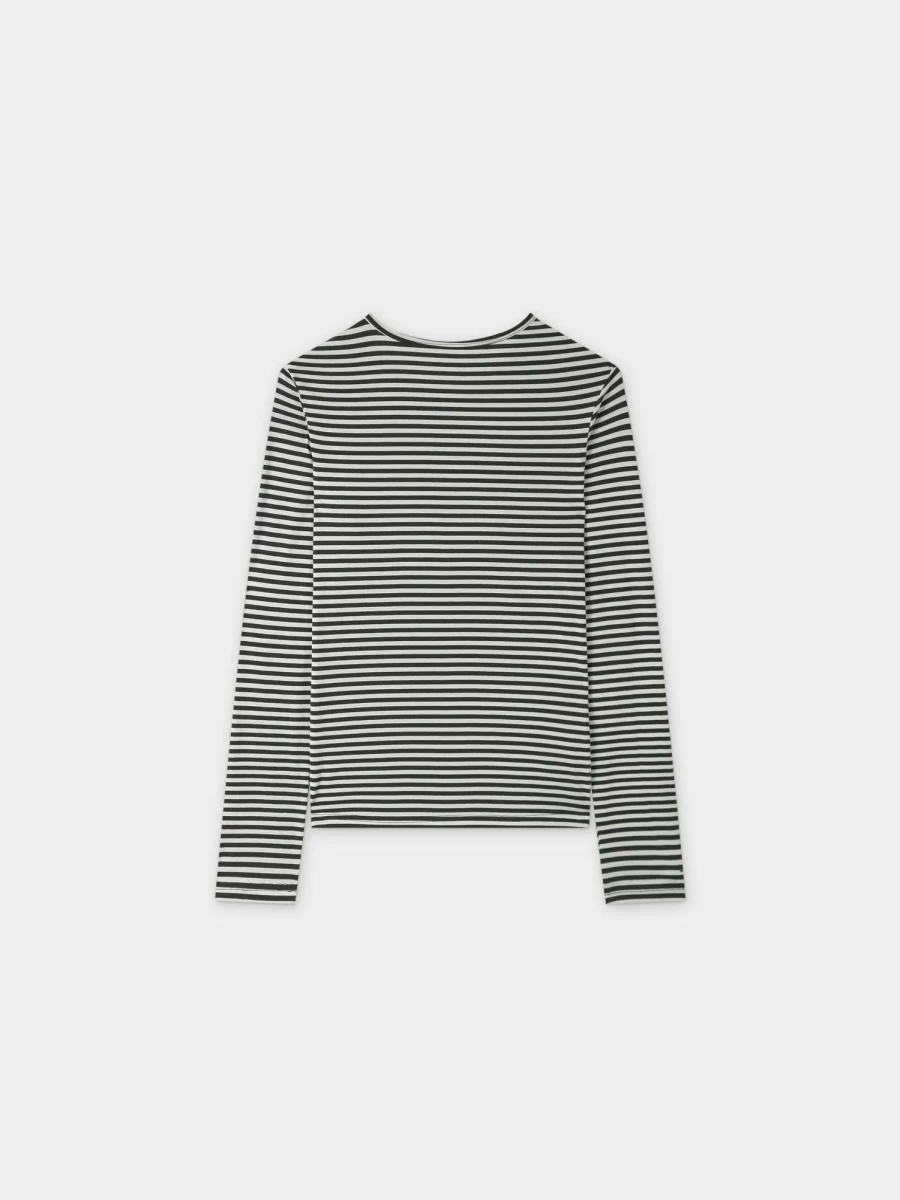 MELI Women's Thin Stripe High V-Neck T-Shirt in Cream and Olive Colors