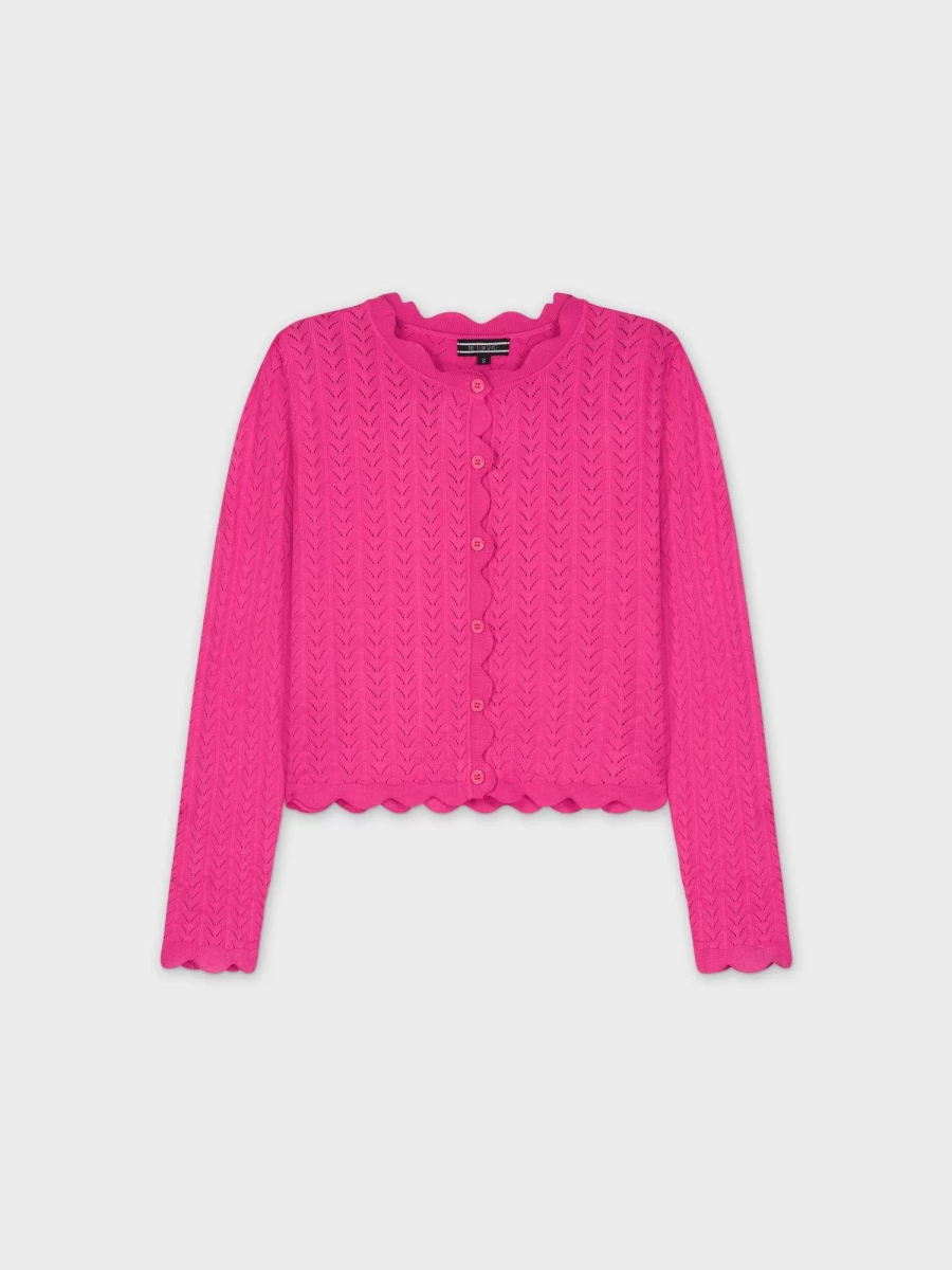 TTS Women's Hot Pink Scalloped Crew Neck Cardigan Sweater