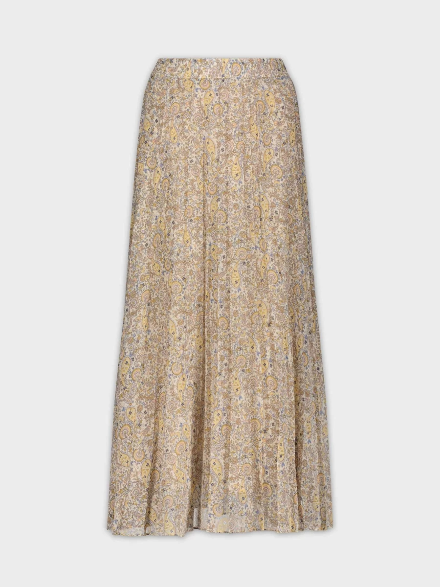 POSE Women's Tan Paisley Pleated Midi Skirt with Banded Hem - 37" Length