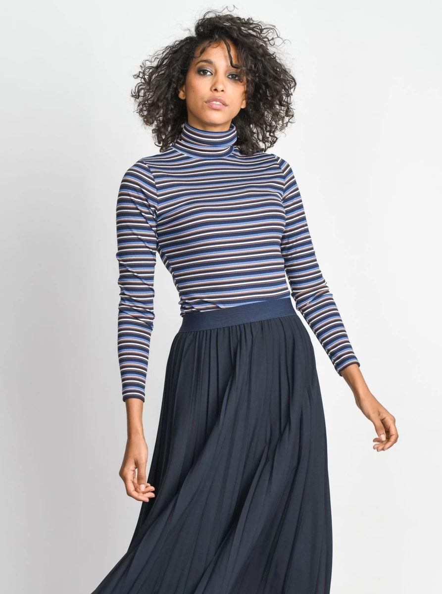 MELI Women's Navy Pleated Midi Skirt 27" - Classic A-Line Waistband Flared Skirt