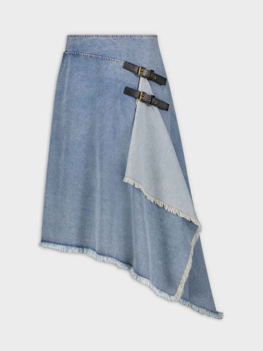 HAILEY Women's Blue Denim Buckle Mock Wrap Skirt - Stylish Casual Wrap-Around Design