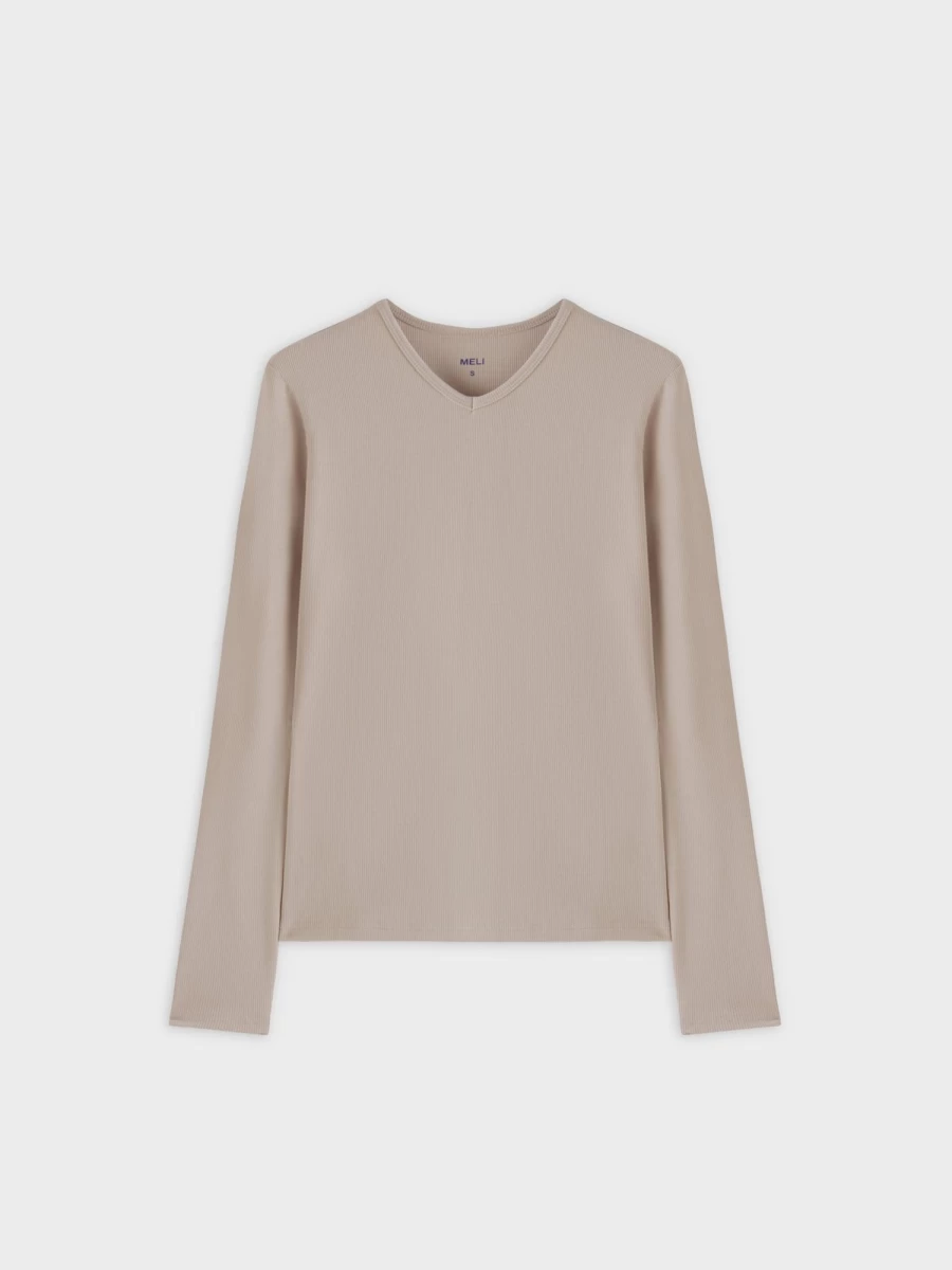 MELI Women's High V-Neck Ribbed Long Sleeve Tee in Sand Color
