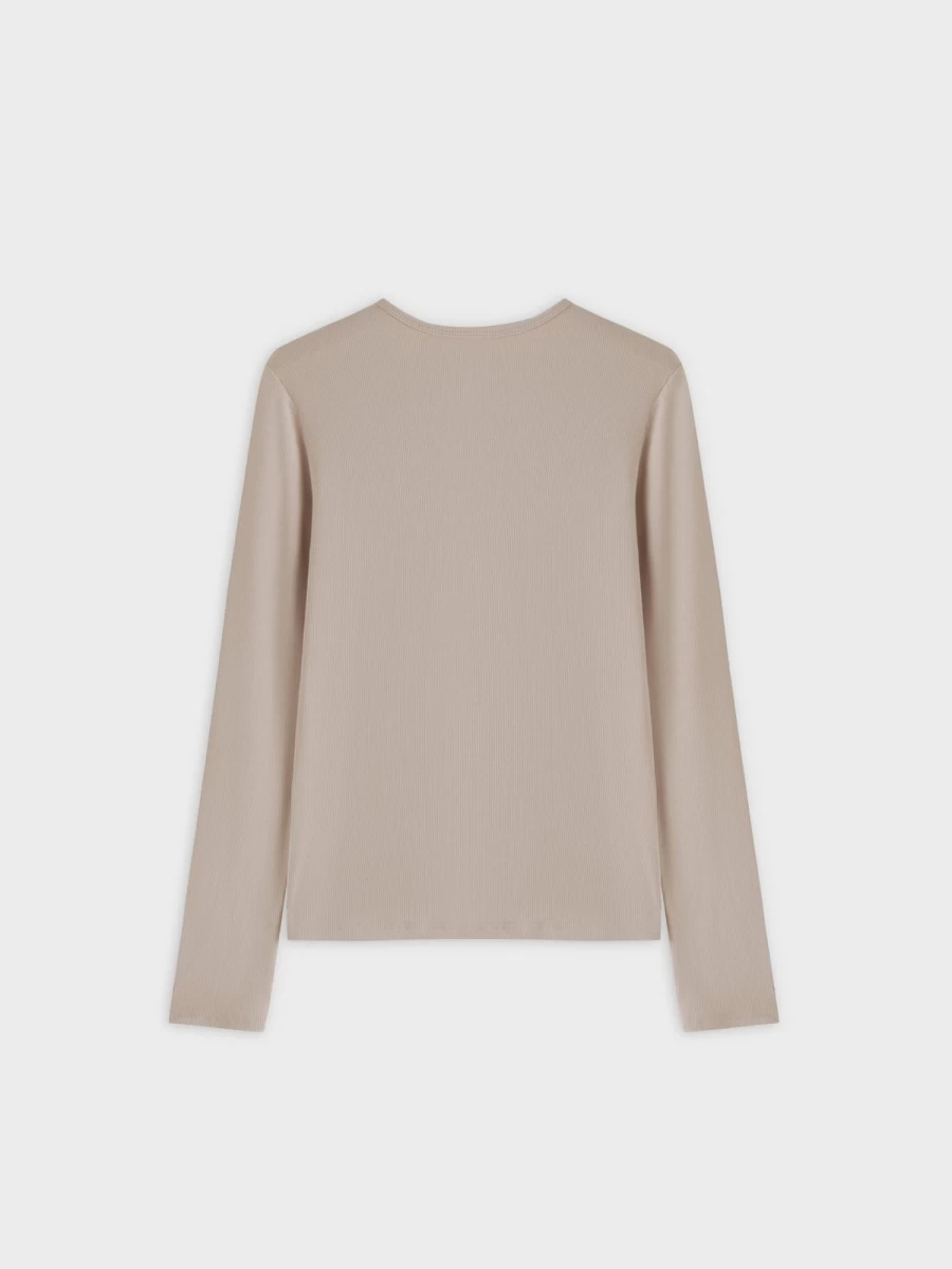 MELI Women's High V-Neck Ribbed Long Sleeve Tee in Sand Color