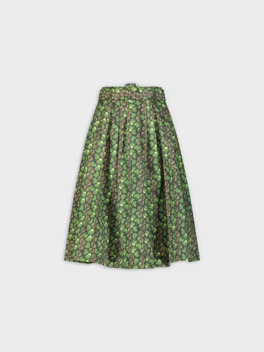 TTS Women's Belted Skirt with Green Heart Print - Stylish High-Waisted A-Line Skirt