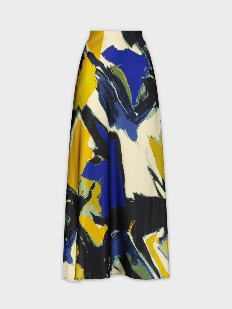 HAILEY Women's Satin Slip Skirt with Brush Stroke Print - Elegant Midi Length Lounge Skirt